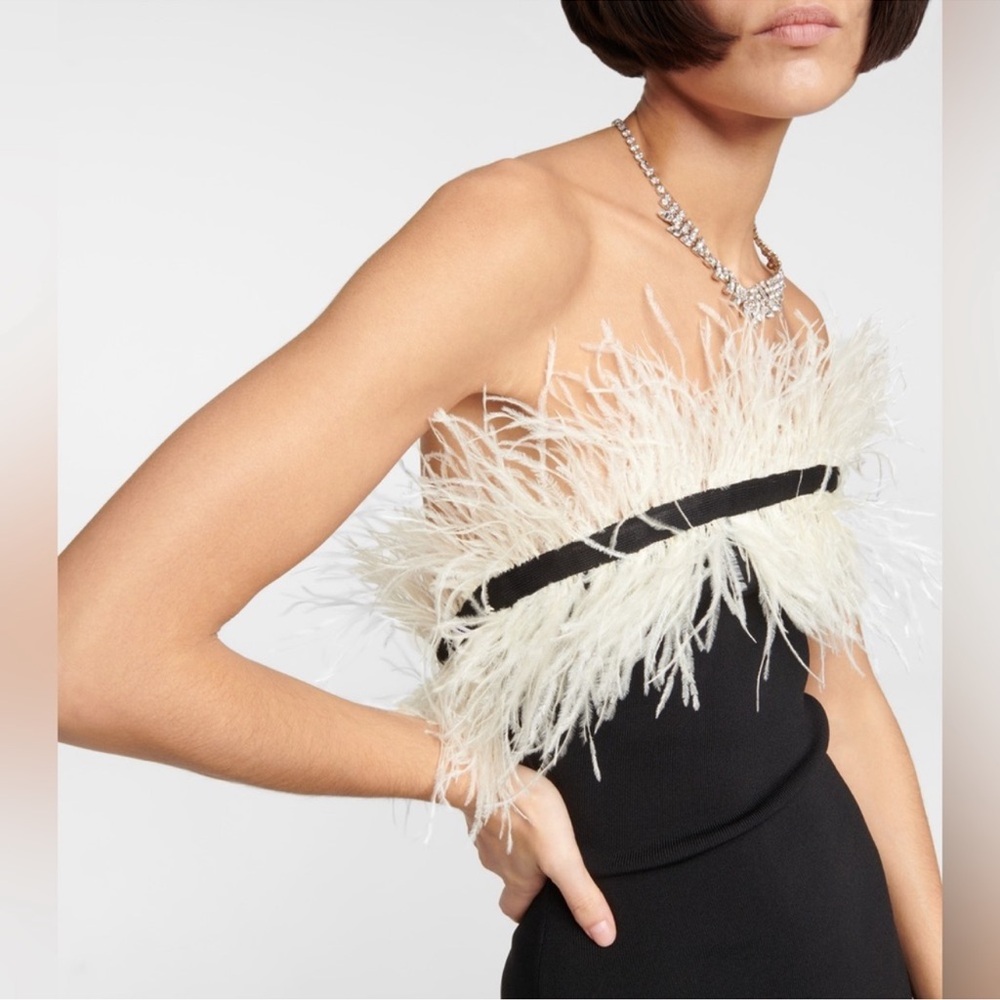 STAUD The Nellie Dress black fitted midi dress with ostrich feathers - Small
